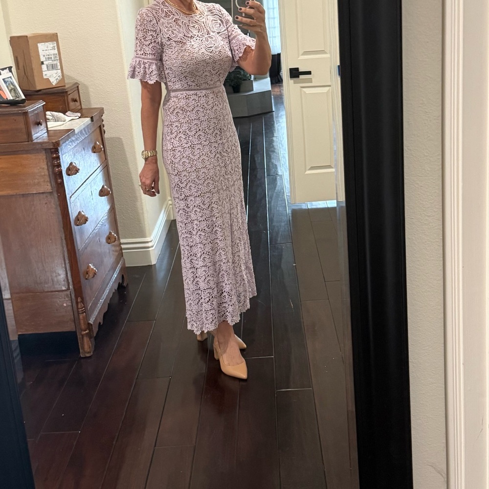 Rebecca Taylor Elegant Lace Midi Dress in Lavender perfect for Easter